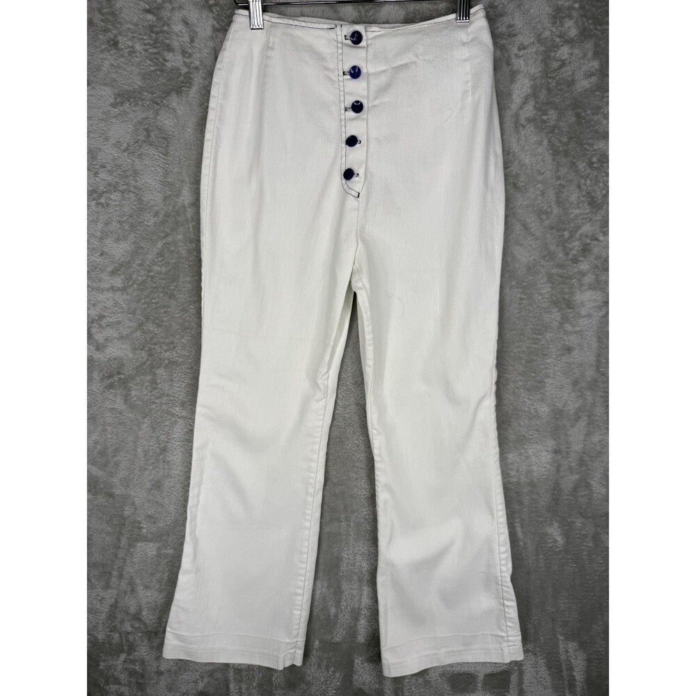 Vtg 60s Pykettes Pants Women 25x27 White Cotton Flare Button Fly Denim High Rise